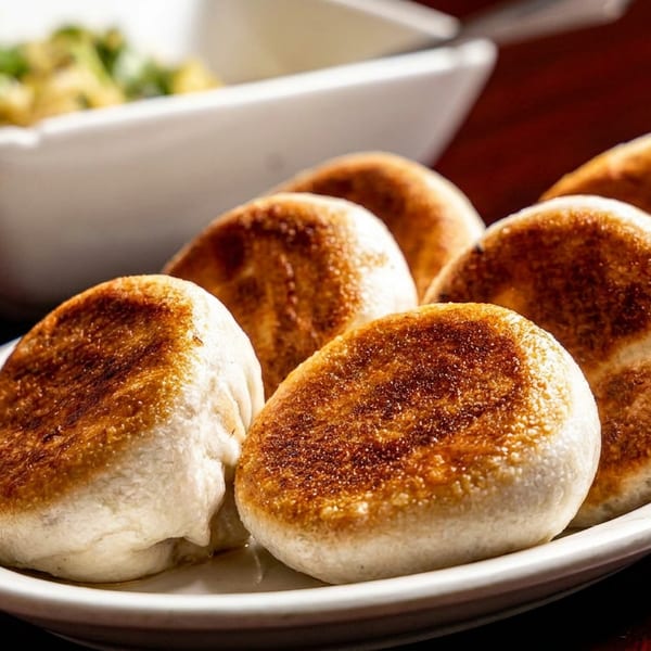 Golden pan-fried buns on a white plate with a blurry bowl of food in the background.